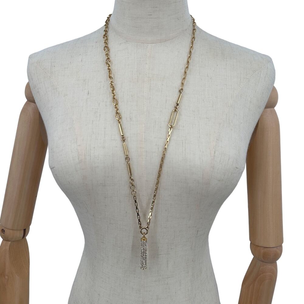 Ann Taylor Long Statement Necklace Mixed Goldtone Chain Pave Rhinestone Pendant